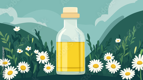 Illustration of a bottle filled with yellow liquid, surrounded by flowers, bushes, and rolling hills