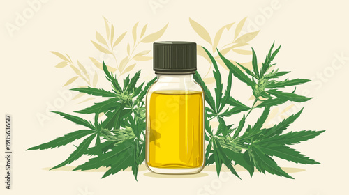 Digital illustration of a glass bottle containing golden liquid, surrounded by cannabis leaves
