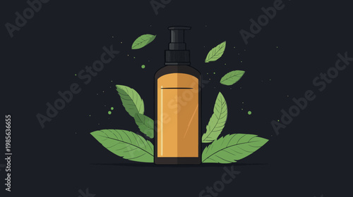 A stylized illustration featuring a pump bottle, surrounded by leaves against a dark background
