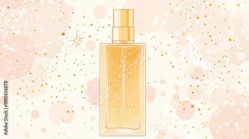A watercolor illustration of a perfume bottle with a golden lid, set against a soft, abstract background