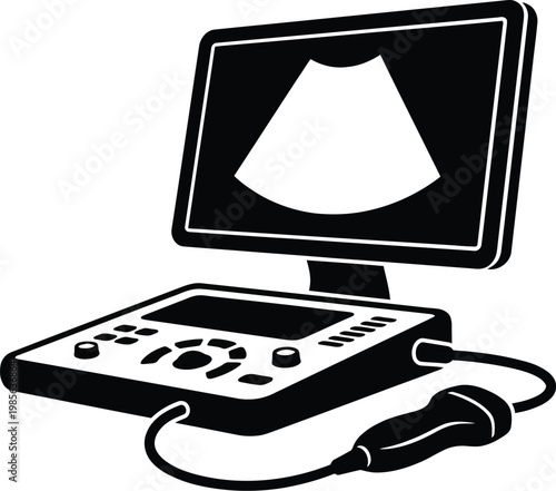 Medical ultrasound machine with probe and display showing abstract internal scan black solid vector illustration.