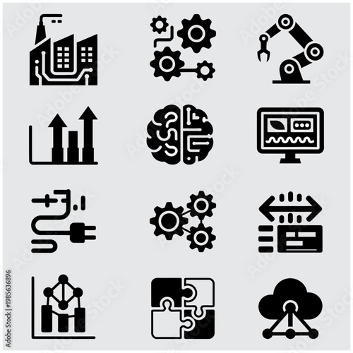 A collection of black icons representing industrial automation artificial intelligence data analysis and interconnected systems high quality professional detailed modern elegant stylish clean crisp