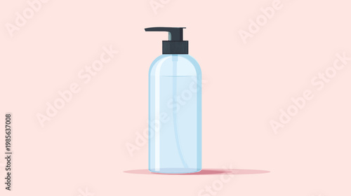 A tall, cylindrical clear bottle with a black pump dispenser, standing on a pink surface