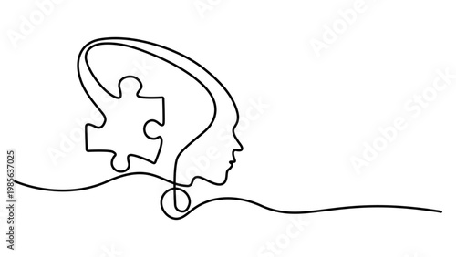 One line drawing of human head and puzzle piece