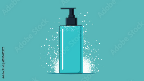 Digital illustration of a teal square bottle with a black pump, white bubbles, and a shadow