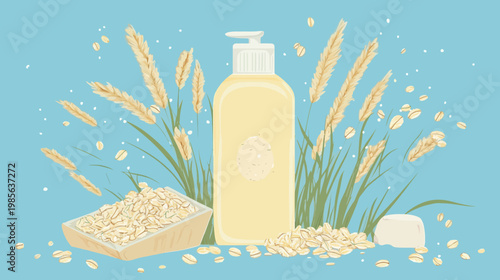 An illustration featuring a pump bottle, oatmeal, plants, and loose grains. Sky-blue background