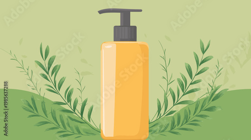 A stylized illustration of a dispenser bottle in a natural, organic setting with green foliage