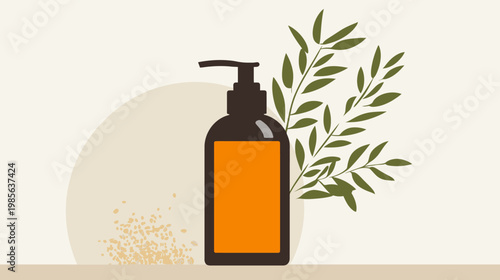 Minimalist illustration of a brown bottle with a blank orange label, leaves, and beige background