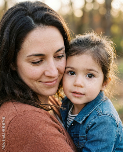 Junge Mutter hält ihre kleine Tochter zärtlich im natürlichen Gegenlicht im Freien