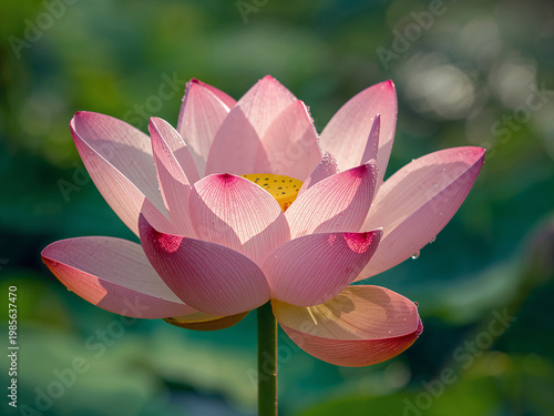 Hyper-realistic Close-up of Blooming Pink Sacred Lotus with Morning Dew Drops