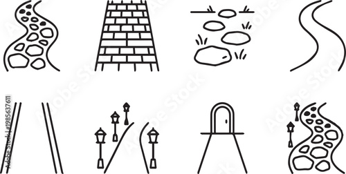 Minimalist path icon set, 8 linear road and walkway vector elements, simple garden trail and cobblestone street symbols for landscape design
