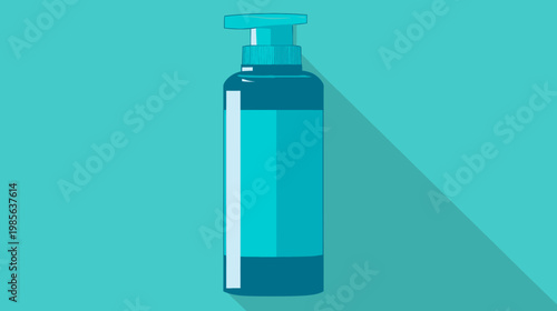A teal colored, minimalistic illustration of a pump bottle with a long shadow