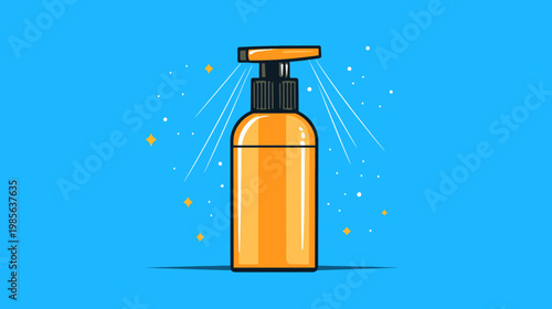 A cartoon-style illustration of an orange bottle with a black pump, spraying. Against blue