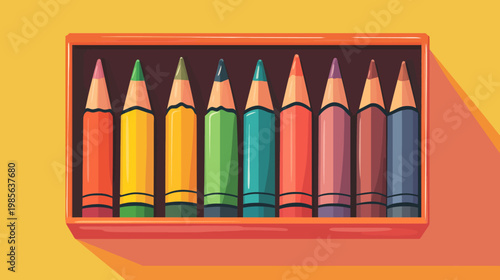 Illustration of a box of colorful pencils in a flat design style against a yellow backdrop
