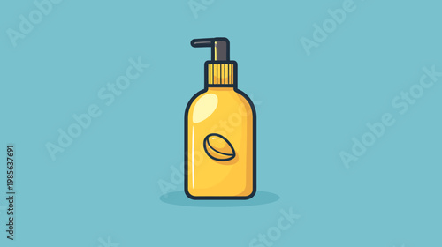 A stylized illustration of a yellow pump bottle with a simple design against a teal background