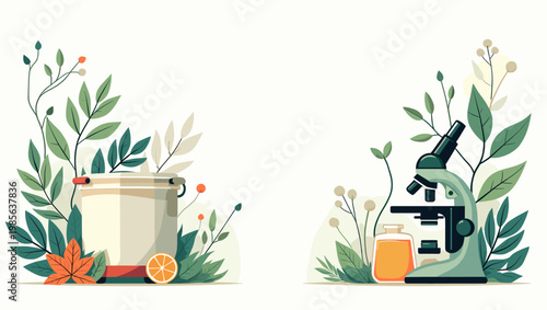 A vibrant, stylized illustration featuring autumn leaves and lush greenery. Perfect for seasonal designs, backgrounds, or conveying a sense of natural