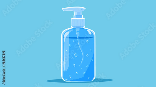 A stylized illustration of a transparent hand sanitizer bottle with bubbles on a light blue background