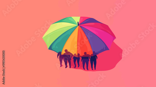 Silhouetted figures stand under a colorful umbrella on a solid, pastel-toned background