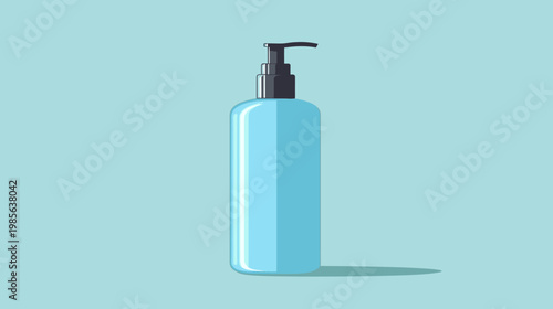 Illustration of a blue dispenser bottle with a black pump head, placed on a blue background