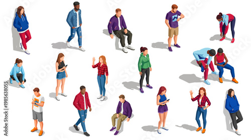 Isometric people in casual clothes set | Diverse men and women characters walking and sitting in various poses for architectural visualization
