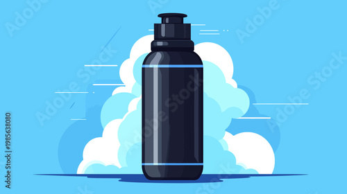 A dark, cylindrical water bottle against a backdrop of clouds and a vibrant, azure sky