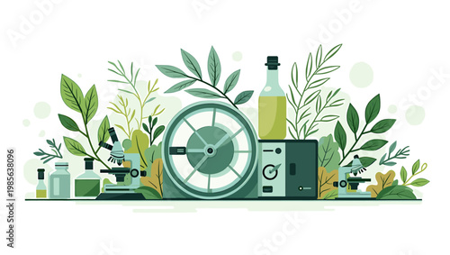 A calming and minimalist composition featuring essential oil bottles and jars. Ideal for wellness, skincare, or natural product marketing, promoting a