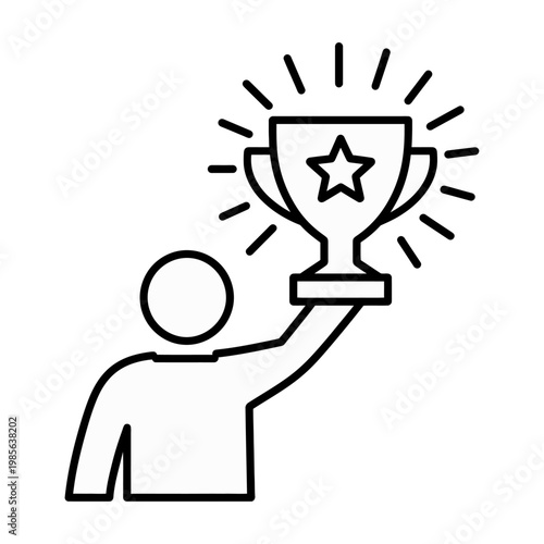 Vector graphic of a person holding up a trophy with a star on it, symbolizing achievement and success.