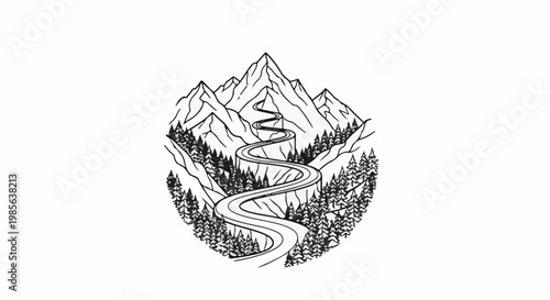 Winding road through mountains and pine forests, black and white illustration