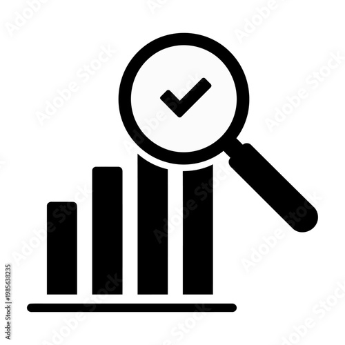 Vector graphic of a magnifying glass with a checkmark over a bar chart, symbolizing data analysis and verification.