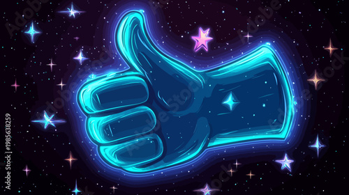 Digitally created illustration of a glowing thumb up shape within a space-like backdrop