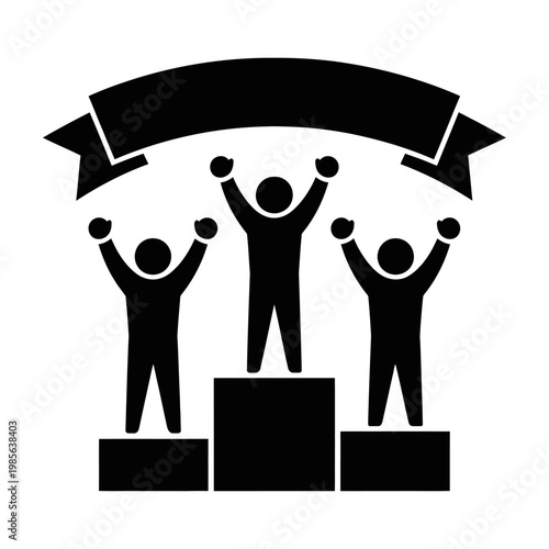 Vector graphic of three people standing on a podium with their arms raised in victory under a banner