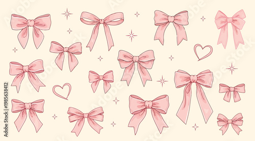 Collection of cute pink bows and ribbons with sparkles and hearts