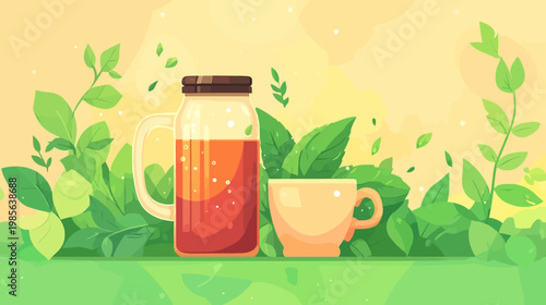 A stylized illustration features a jar of tea next to a cup, surrounded by leafy green plants