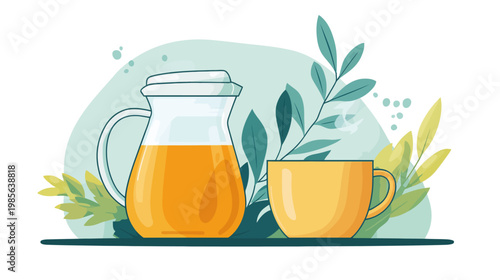 Illustration of a pitcher filled with orange liquid, a yellow cup, and decorative foliage
