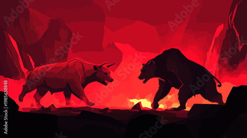 Stylized digital art depicting a bull facing off against a bear in a fiery, red-toned landscape