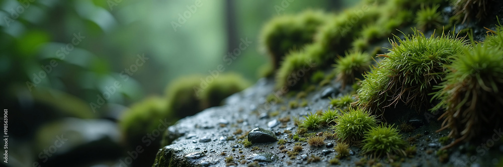 Obraz premium Lush green moss covering rocky surface in serene forest setting. Soft moss grows among stones in tranquil woodland atmosphere, creating a peaceful environment for nature lovers.