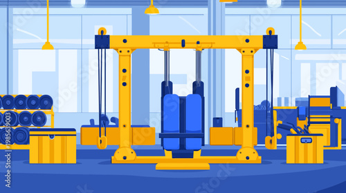 Flat illustration of an industrial space with large machinery and tools, using blue and yellow hues