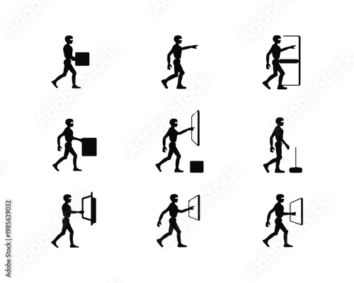 Black silhouette figures interacting with doors, boxes, and pointing person woman