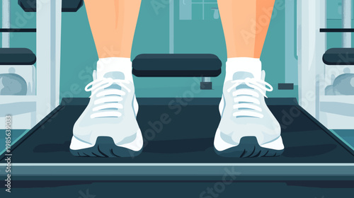 Illustration of a person's legs and feet wearing sneakers on a treadmill, exercise concept