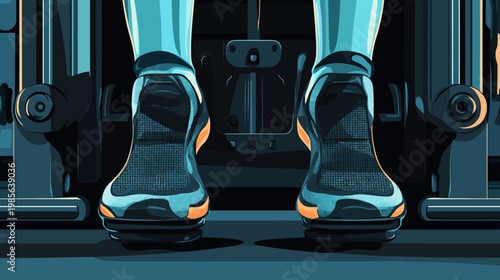 Illustration of a person's legs and feet in sneakers, inside a fitness machine