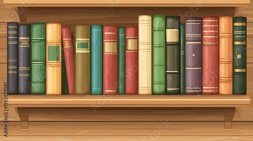 Illustration of a wooden bookshelf filled with a collection of colorful books, various styles
