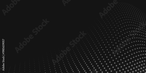 Futuristic wave of dots with moving particles. Black and white music wave. Abstract technology background. Vector illustration