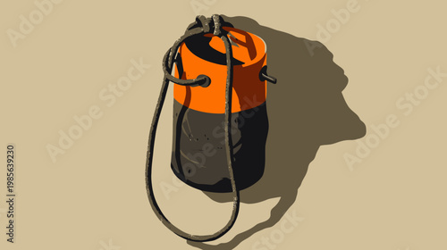 Illustration of a cylindrical bag with a drawstring, orange and grey sections, and a dark shadow