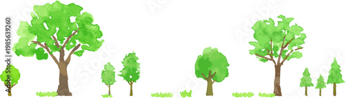 緑の木々の風景　背景素材　水彩イラスト　ナチュラル