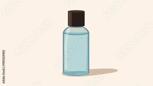 A stylized illustration of a cylindrical bottle with a dark brown cap filled with a blue liquid