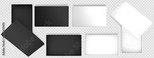 White and black rectangle box with shadow. Top view open gift package inside. 3d above mock up with empty carton mailer design for branding. Aerial sample for snack container or shoebox for shop