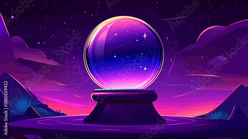 A crystal ball set against a purple and blue landscape with stars, mountains, and clouds