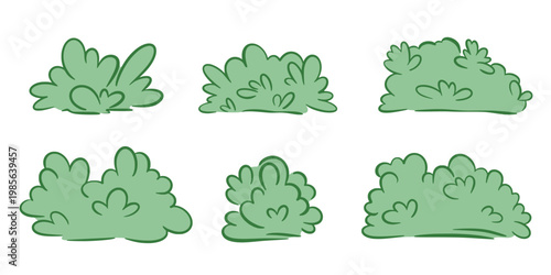 Simple set of bushes. Hand-drawn green shrubs of various shapes, landscape design elements, clip art. Vector graphics