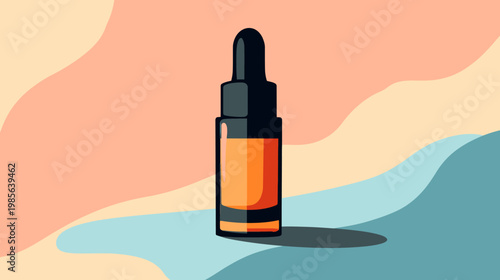 Illustration of a skincare dropper bottle against a colorful, abstract backdrop