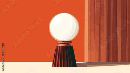 Illustration of a crystal ball sitting atop a decorative stand with a reddish-orange background and a column